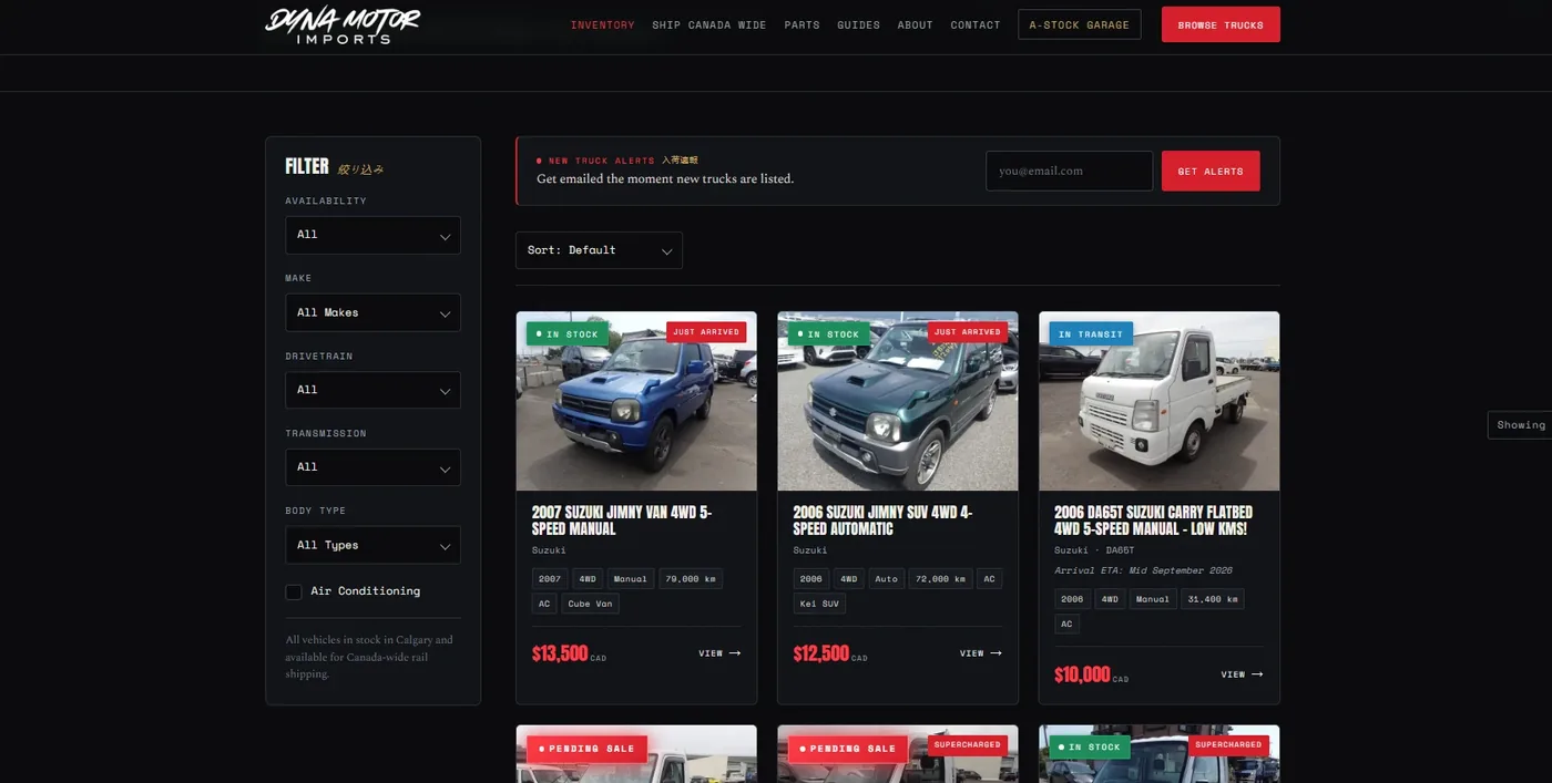 Dyna Motor Imports inventory page